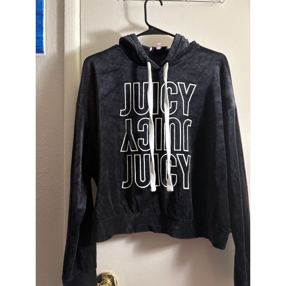 Women's Y2K Juicy Couture Black Velour Cropped Hoodie Size M